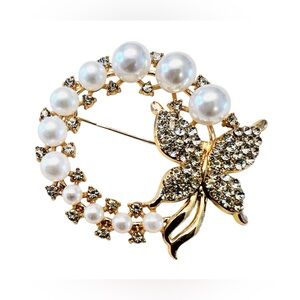 Gold-Toned Faux Pearl & Rhinestone Butterfly Brooch